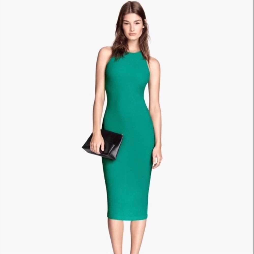H&M green textured crepe racerback midi bodycon dress